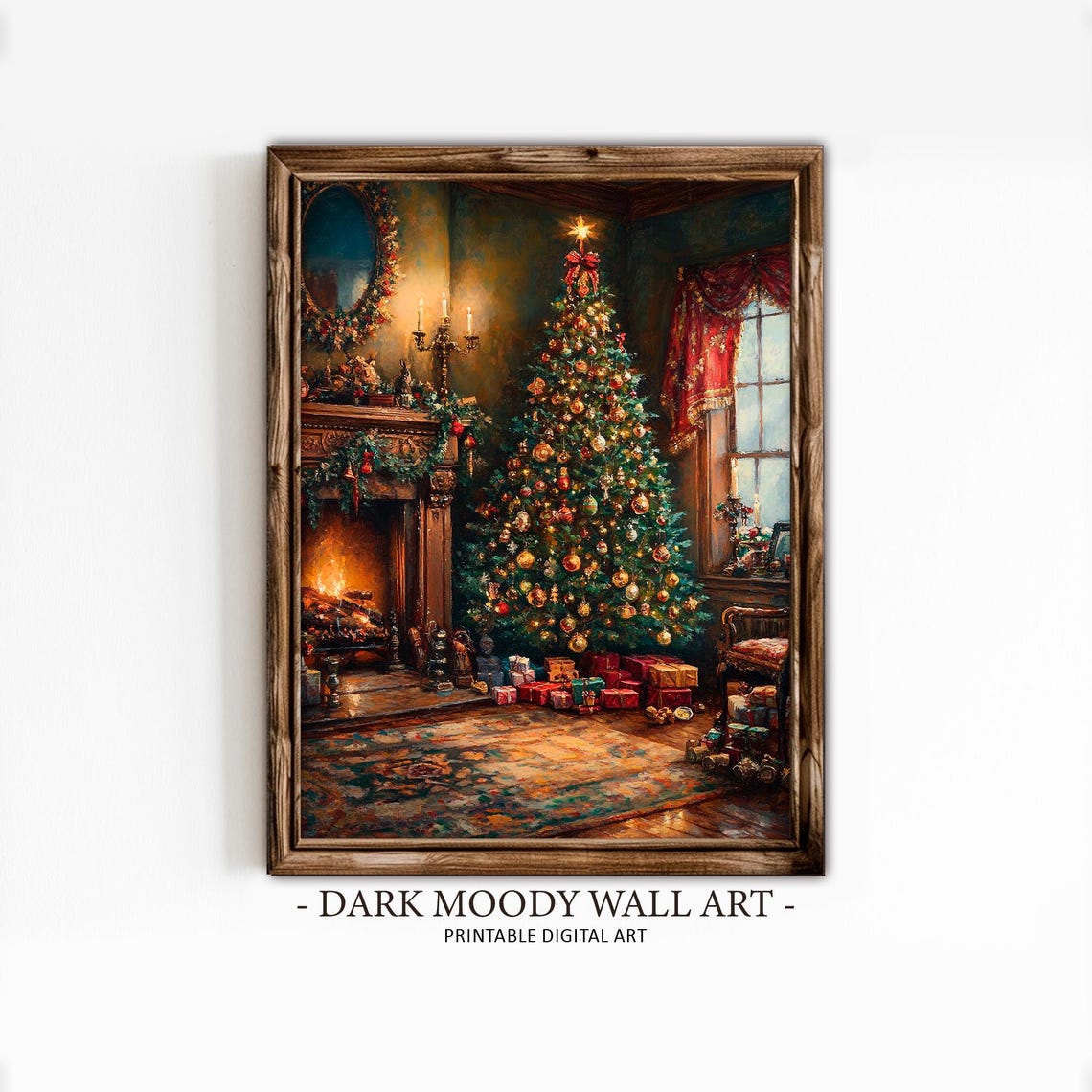 Victorian Christmas Room Tree Fireplace Wreath Red Drapes Poster - Image 2