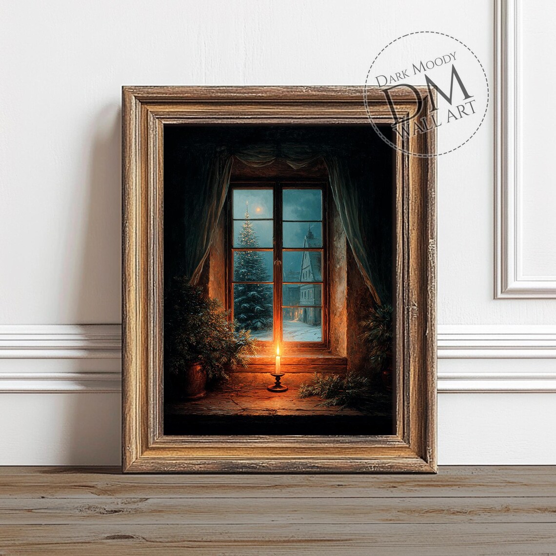 Christmas Candle Window Art Print, Rustic Holiday Tree