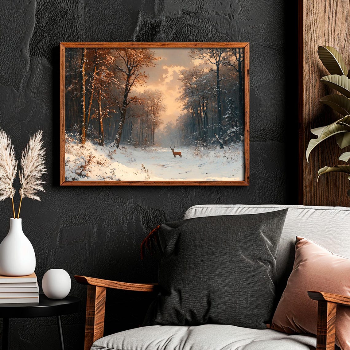 Lone Deer In Snowy Forest Clearing At Golden Dusk Winter Wall Art - Image 2