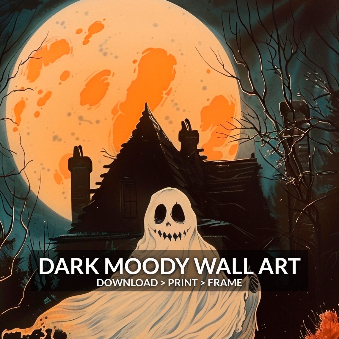 Halloween Ghost Haunted House Giant Moon Spooky Orange Night Poster - Image 5