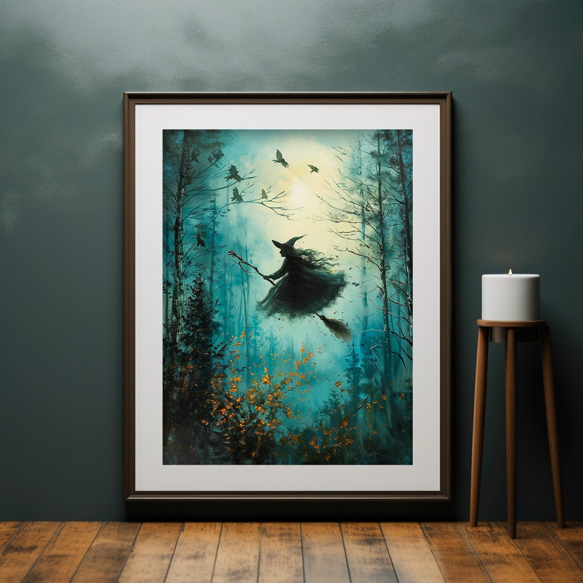 Witch Flying On Broom Through Forest Night Halloween Art Poster - Image 6