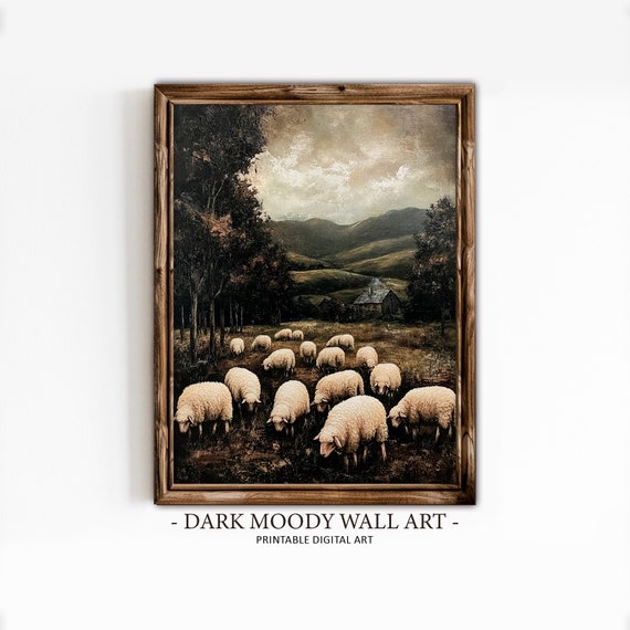 Rustic Flock Of Sheep Wall Art Sheep Painting Moody Landscape Painting Dark Cottagecore Print Vintage Farmhouse Wall Decor