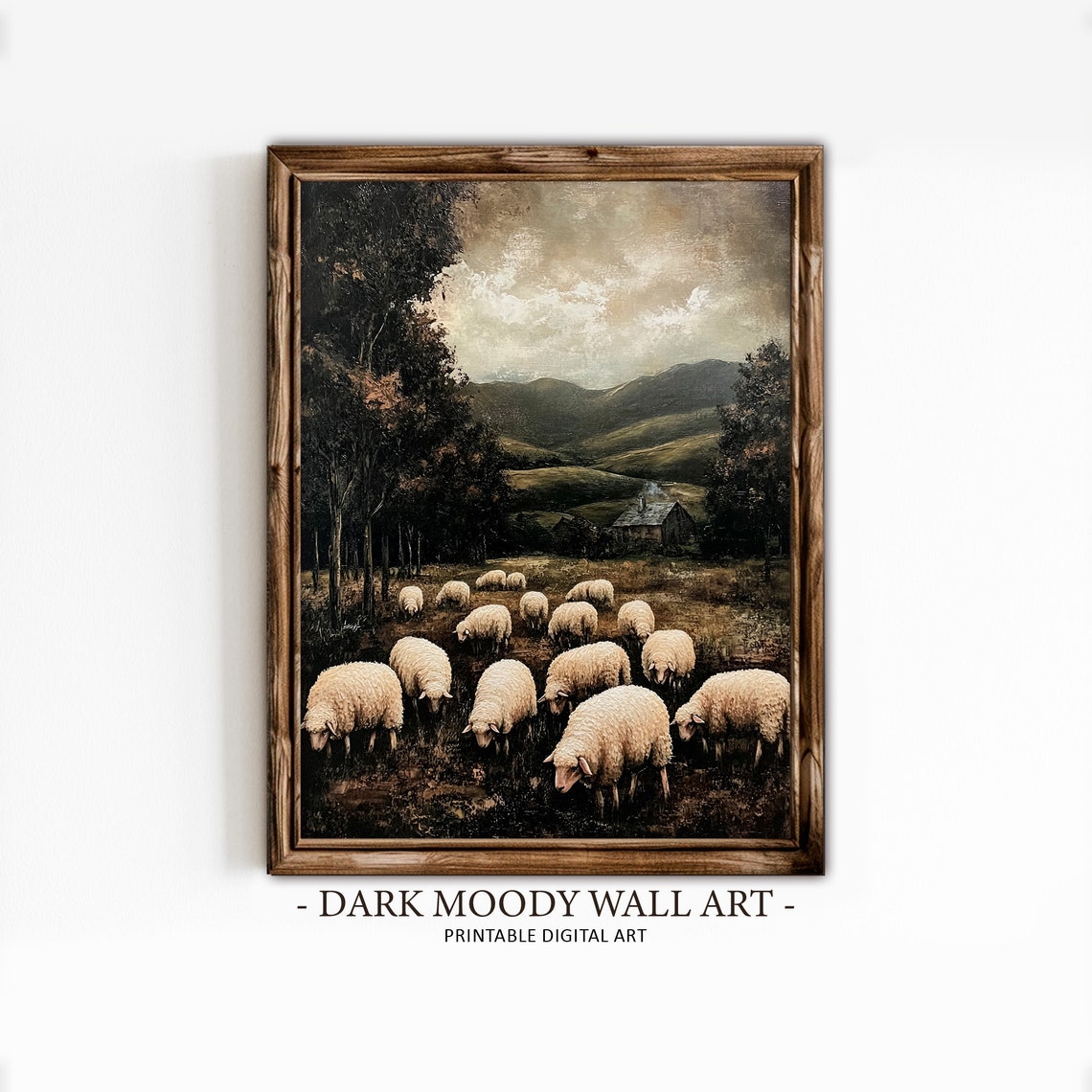 Sheep Flock Grazing Moody Valley Farmhouse Landscape Art Poster