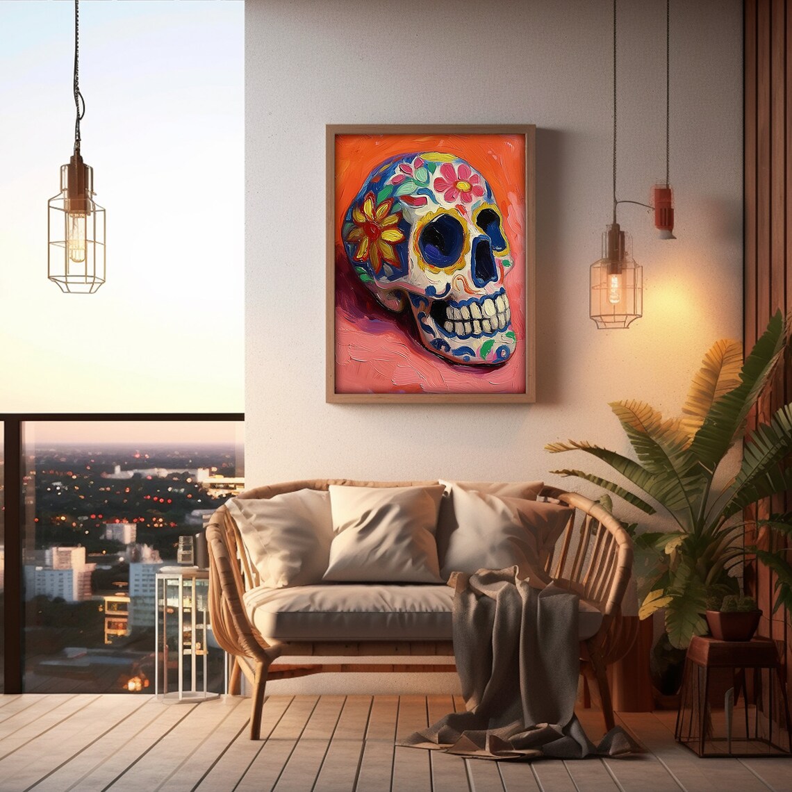 Colorful Sugar Skull Folk Art Dia De Los Muertos Painting Poster - Image 4