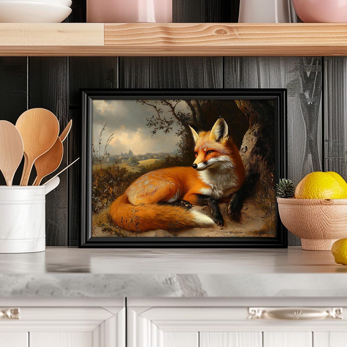 Red Fox Resting Beside Tree Vintage Wildlife Portrait Painting Poster - Image 4
