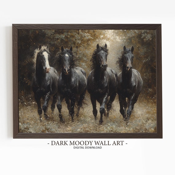 Black Horse Painting Dark Moody Farmhouse Decor Rustic Equestrian Wall Art Cottagecore Print