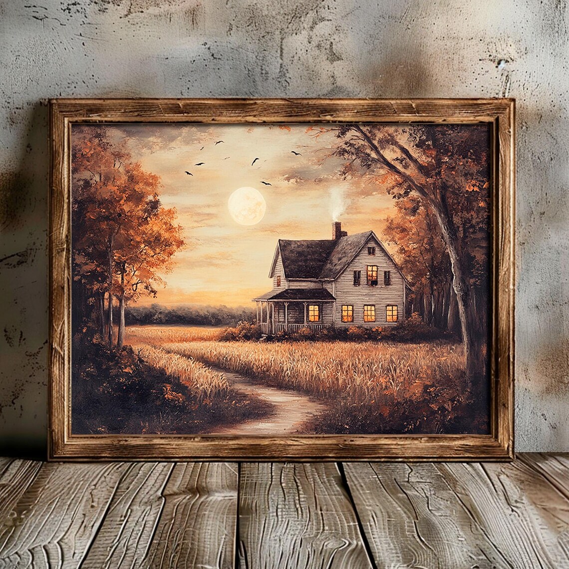 Country Farmhouse Full Moon Birds Wheat Field Glowing Windows Poster - Image 4