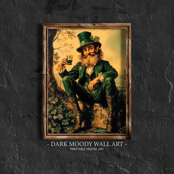Leprechaun Print Vintage St Patricks Day Decor Rustic Irish Wall Art Irish Trickster Painting