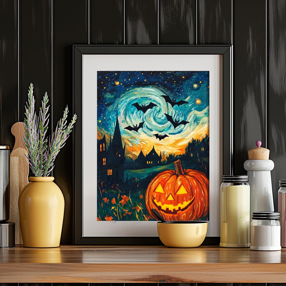 Jack-o-Lantern With Bats Under Swirling Starry Night Gothic Spooky Poster - Image 4