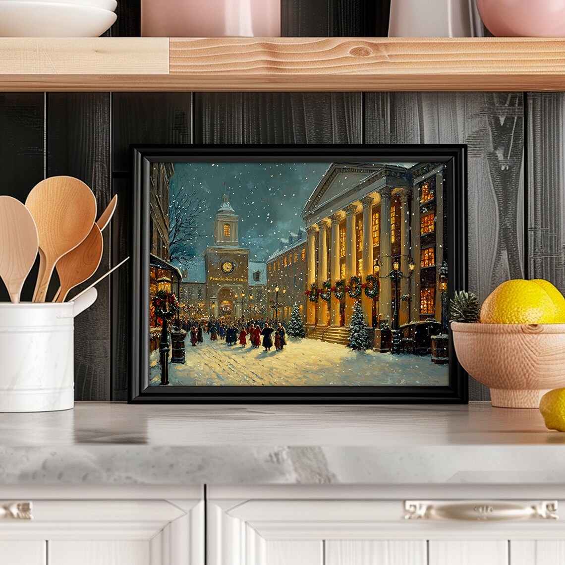 Victorian Old Town Square Clock Tower Snowy Market Night Poster - Image 2
