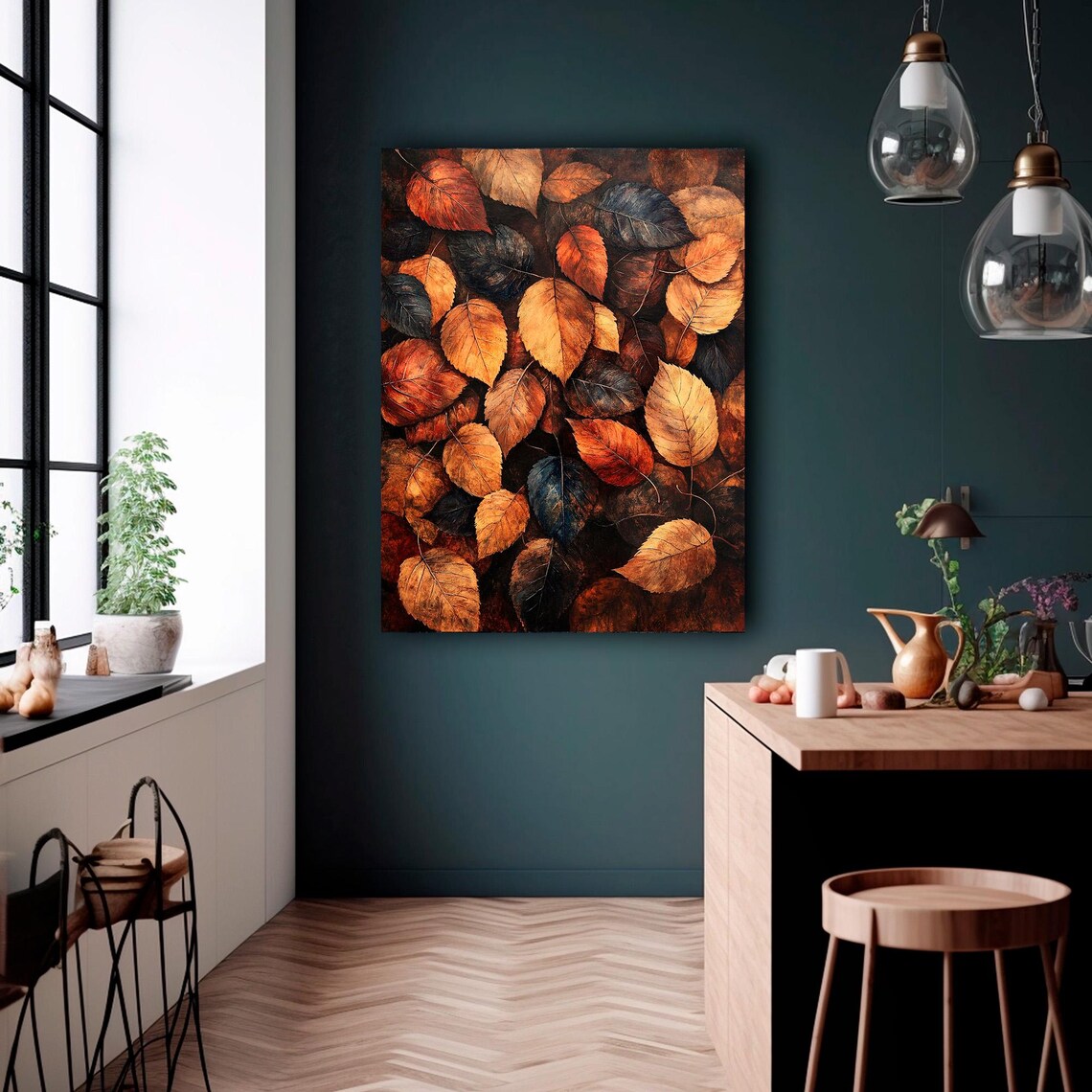 Autumn Leaves Close Up Moody Fall Foliage Art Painting Wall Art - Image 2