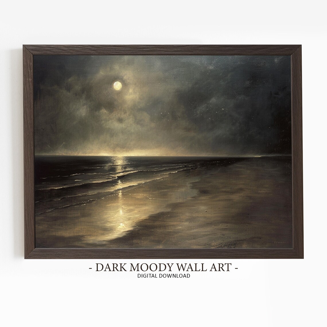 Moody Sea Calm Beach Moonlight Seascape Art Print
