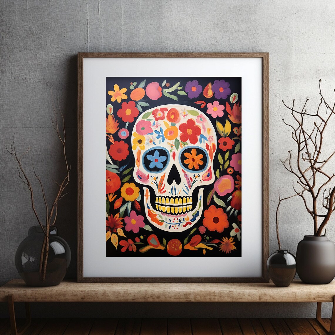 Colorful Sugar Skull Dia De Los Muertos Folk Art Painting Poster - Image 6