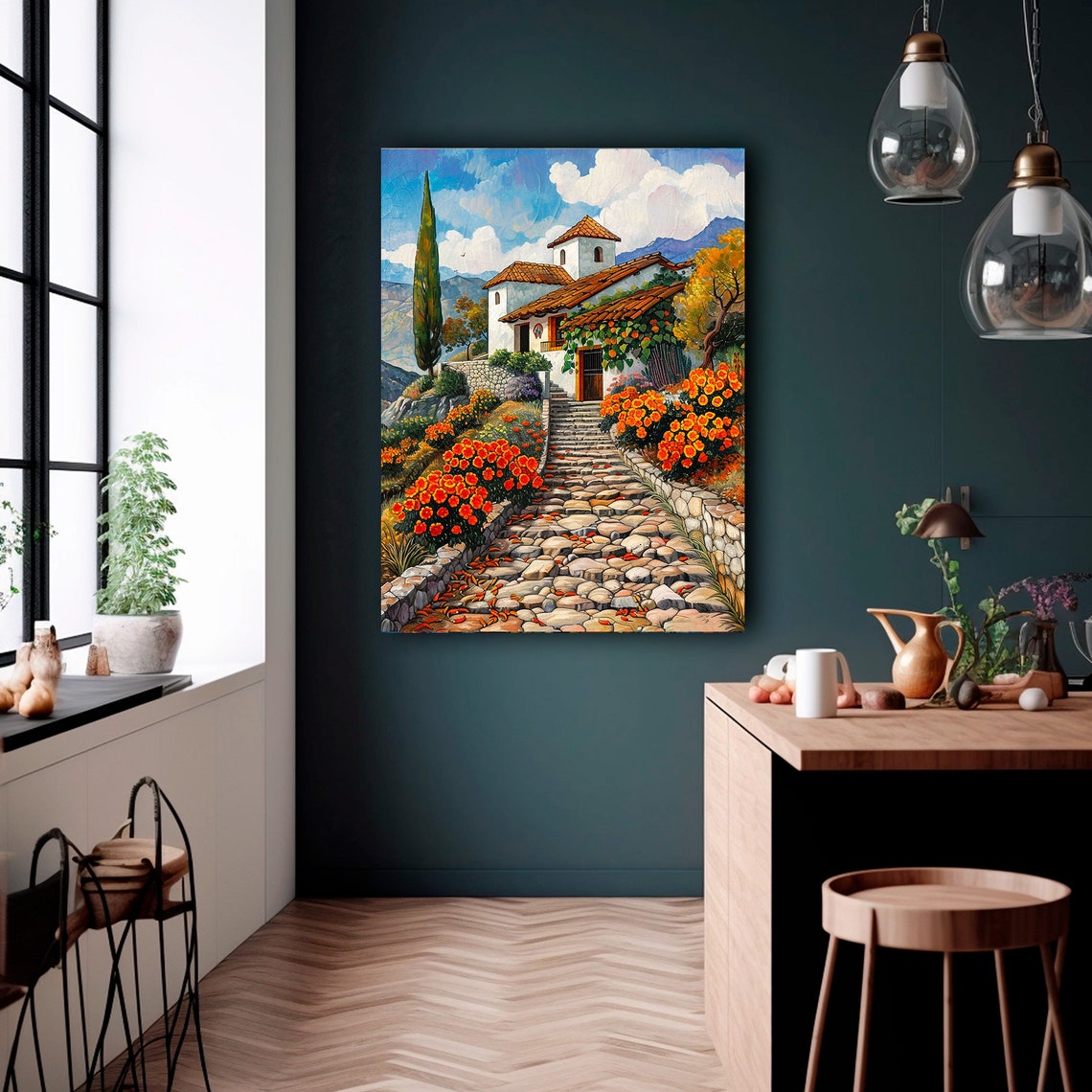 Mexican Hacienda Cobblestone Steps Orange Flowers Mountain Art Poster - Image 4