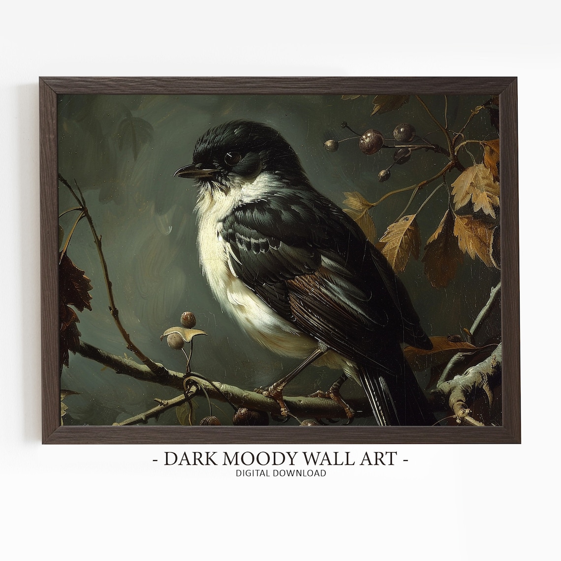 Dark Sparrow Songbird Branch Berries Moody Bird Painting Poster