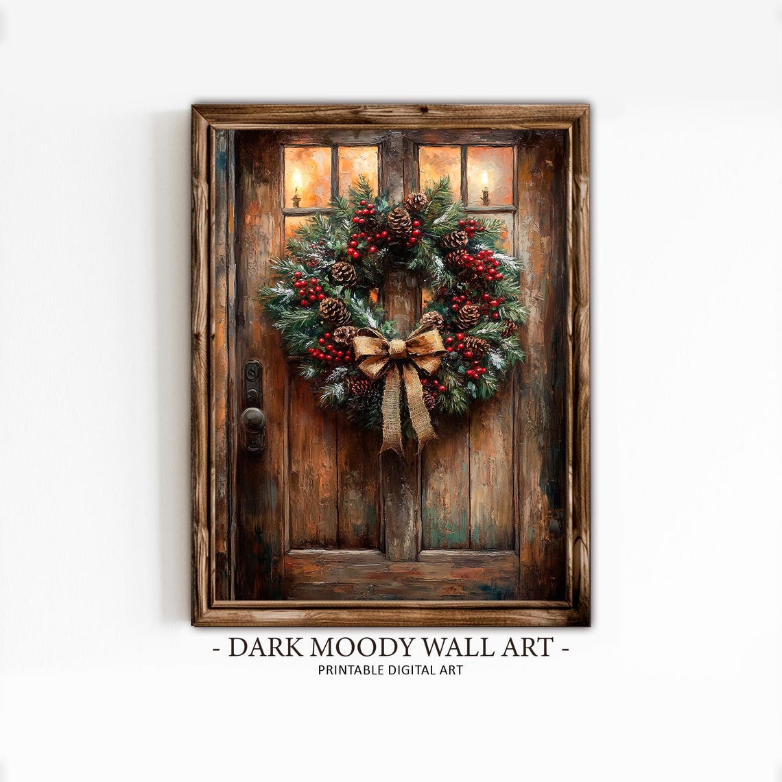 Christmas Wreath on Rustic Wooden Door Candlelit Holiday Wall Art - Image 2