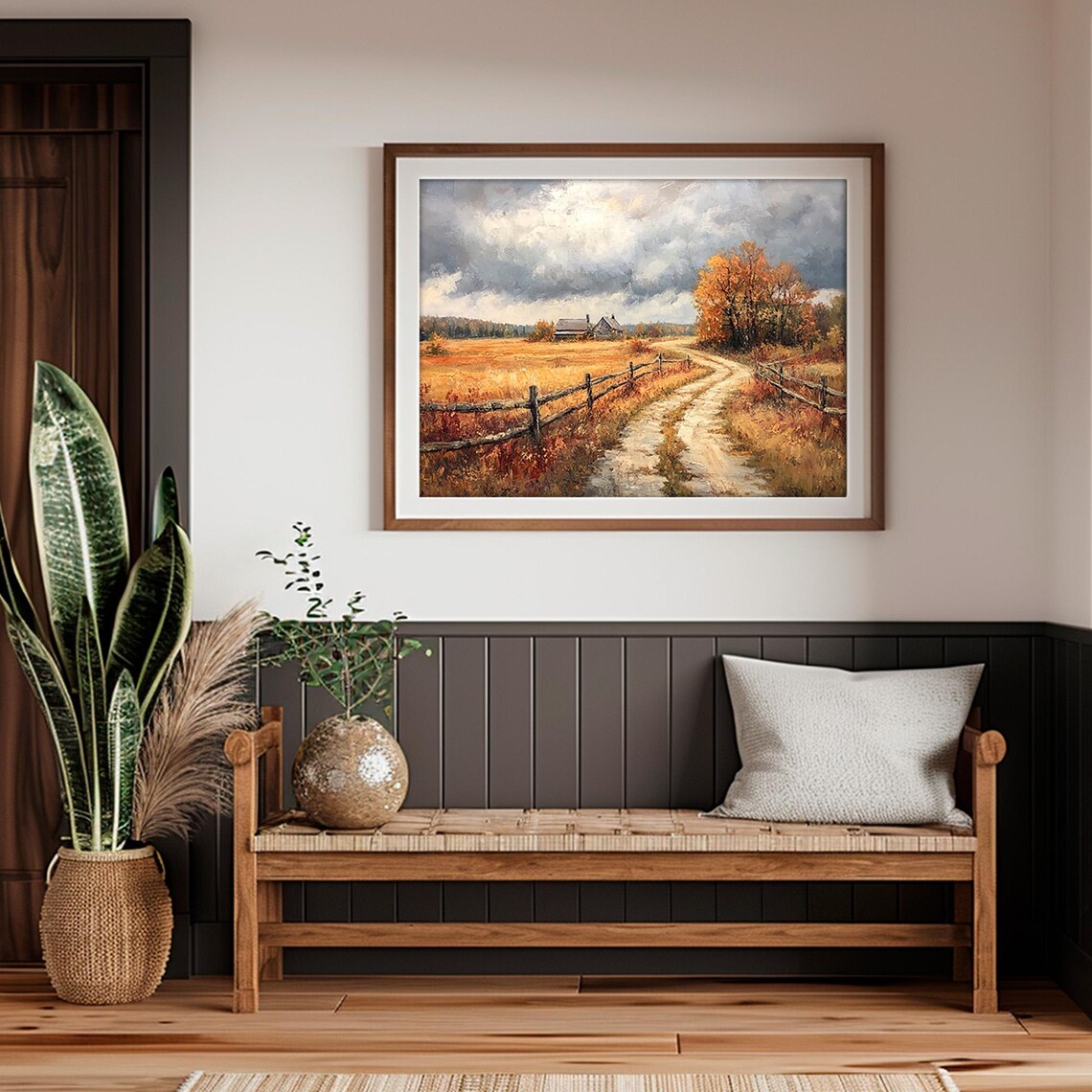 Country Dirt Road to Farmhouse Golden Autumn Field Rustic Landscape Poster - Image 2