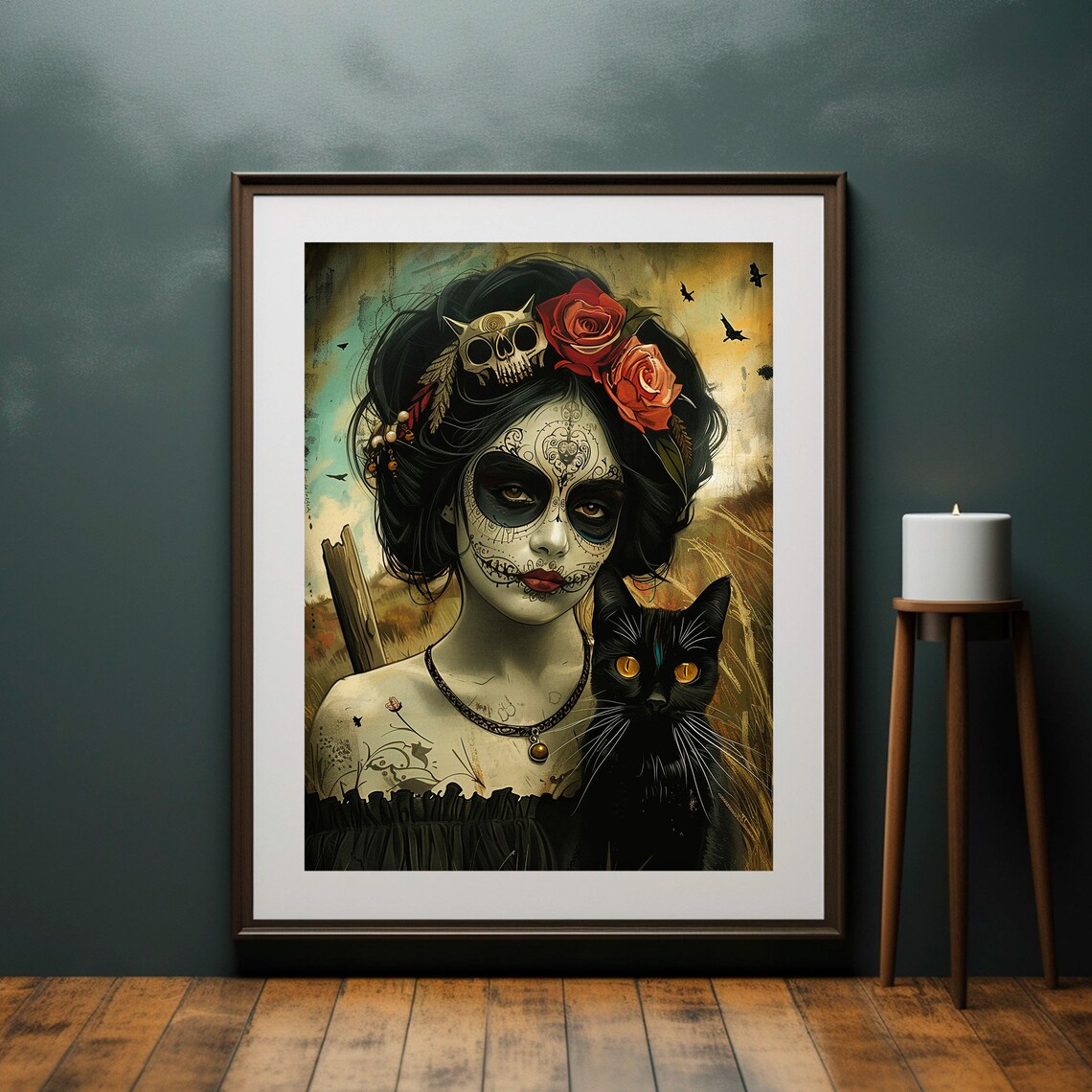 La Catrina With Black Cat Skull Crown Red Roses Dark Painting Poster - Image 5