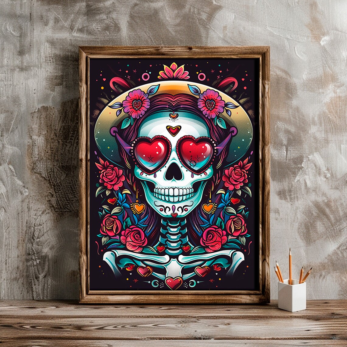 Day Of The Dead Skeleton Woman Heart Sunglasses Mexican Folk Poster - Image 4