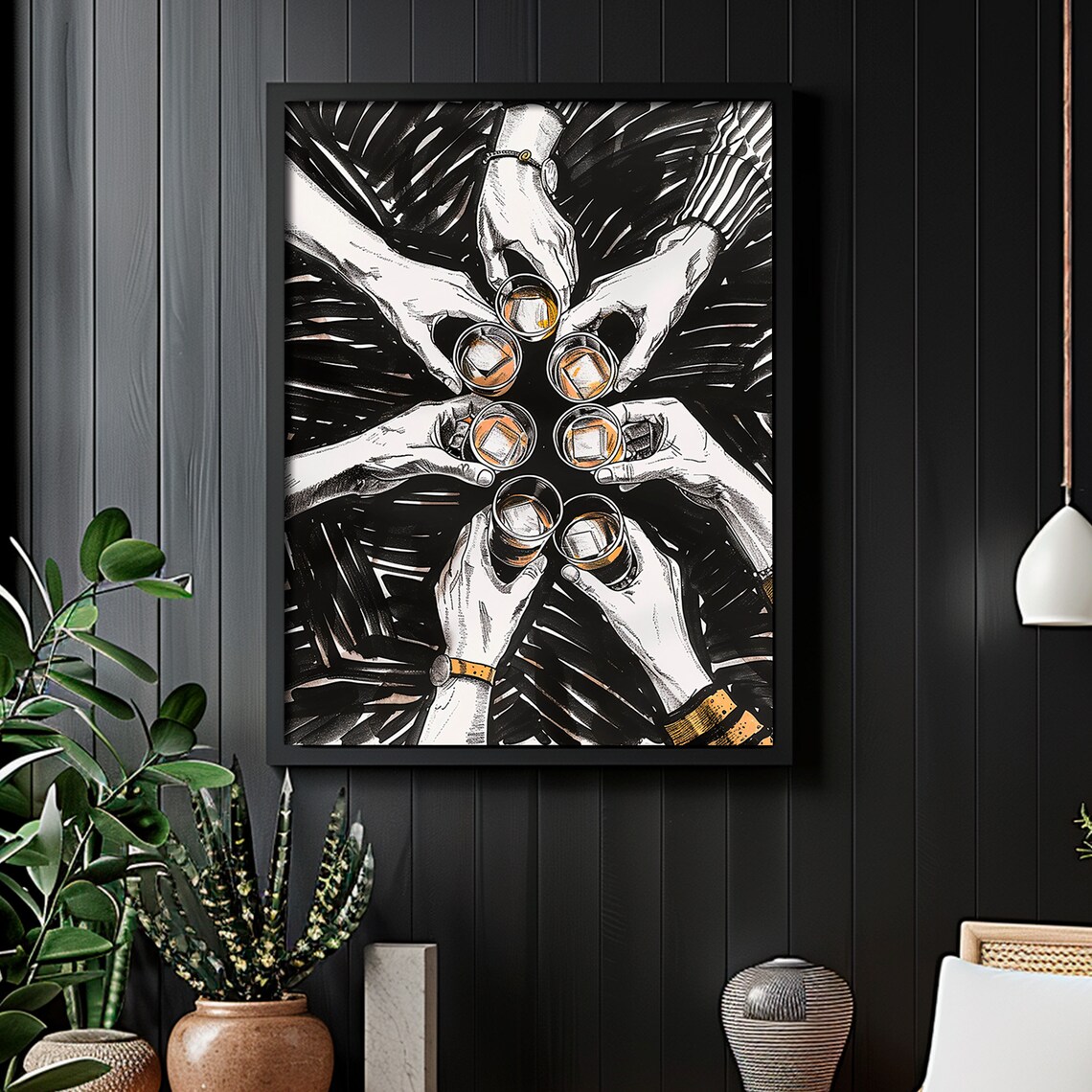 Seven Hands Whiskey Shot Glasses Cheers Toast Dark Moody Bar Poster - Image 4