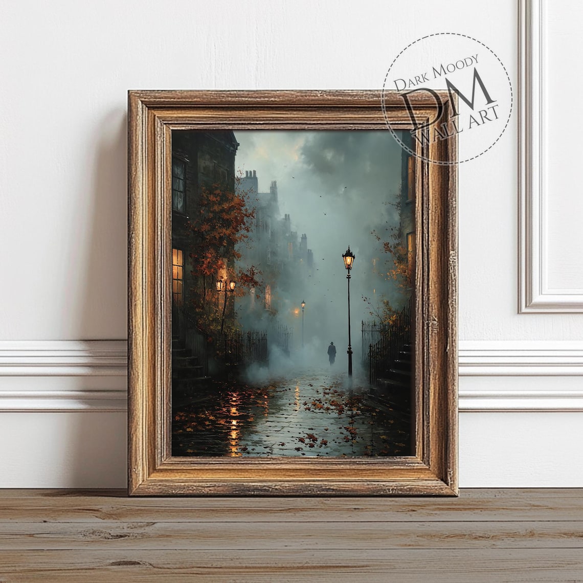 Foggy Autumn Street Gas Lamps Moody Dark Academia Art Poster