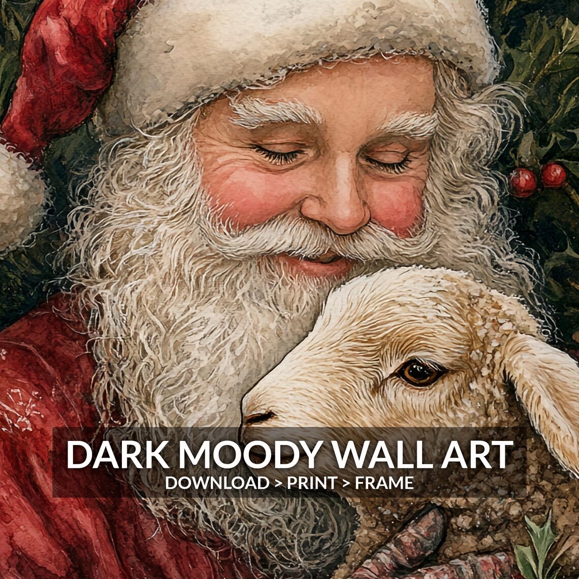 Santa Claus Holding a Lamb Holly Berries Gentle Christmas Art Poster - Image 6