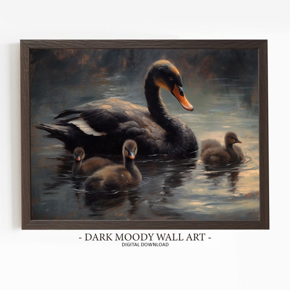 Black Swan Painting Dark Moody Wall Art Vintage Bird Print Dark Academia Decor Animal Dark Oil Painting
