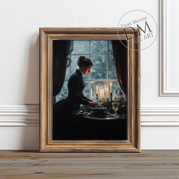 Victorian Christmas Woman Candlelit Winter Window Moody Art Poster