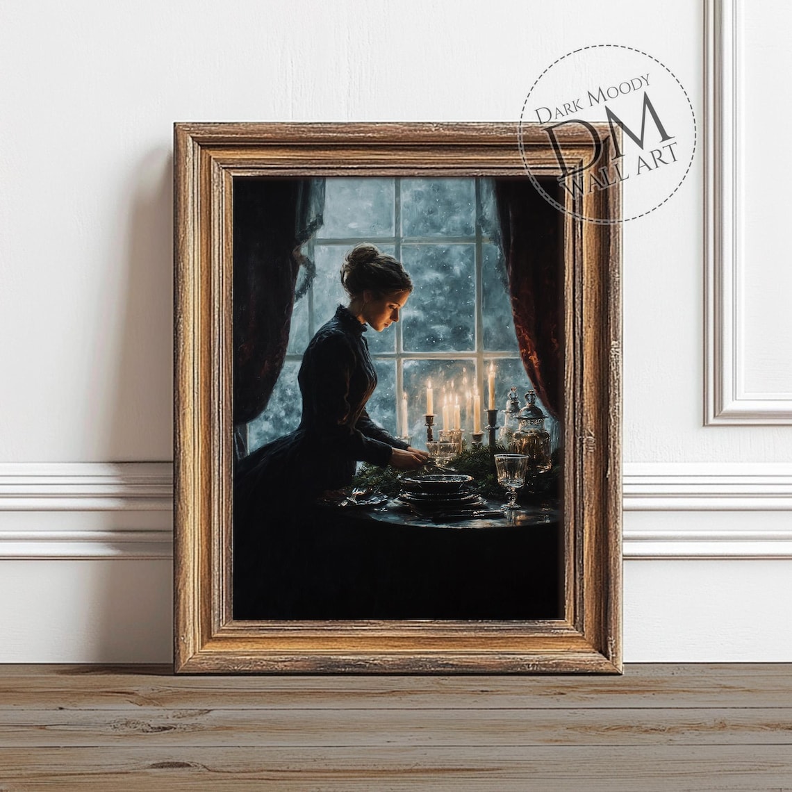 Victorian Christmas Woman Candlelit Winter Window Moody Art Poster