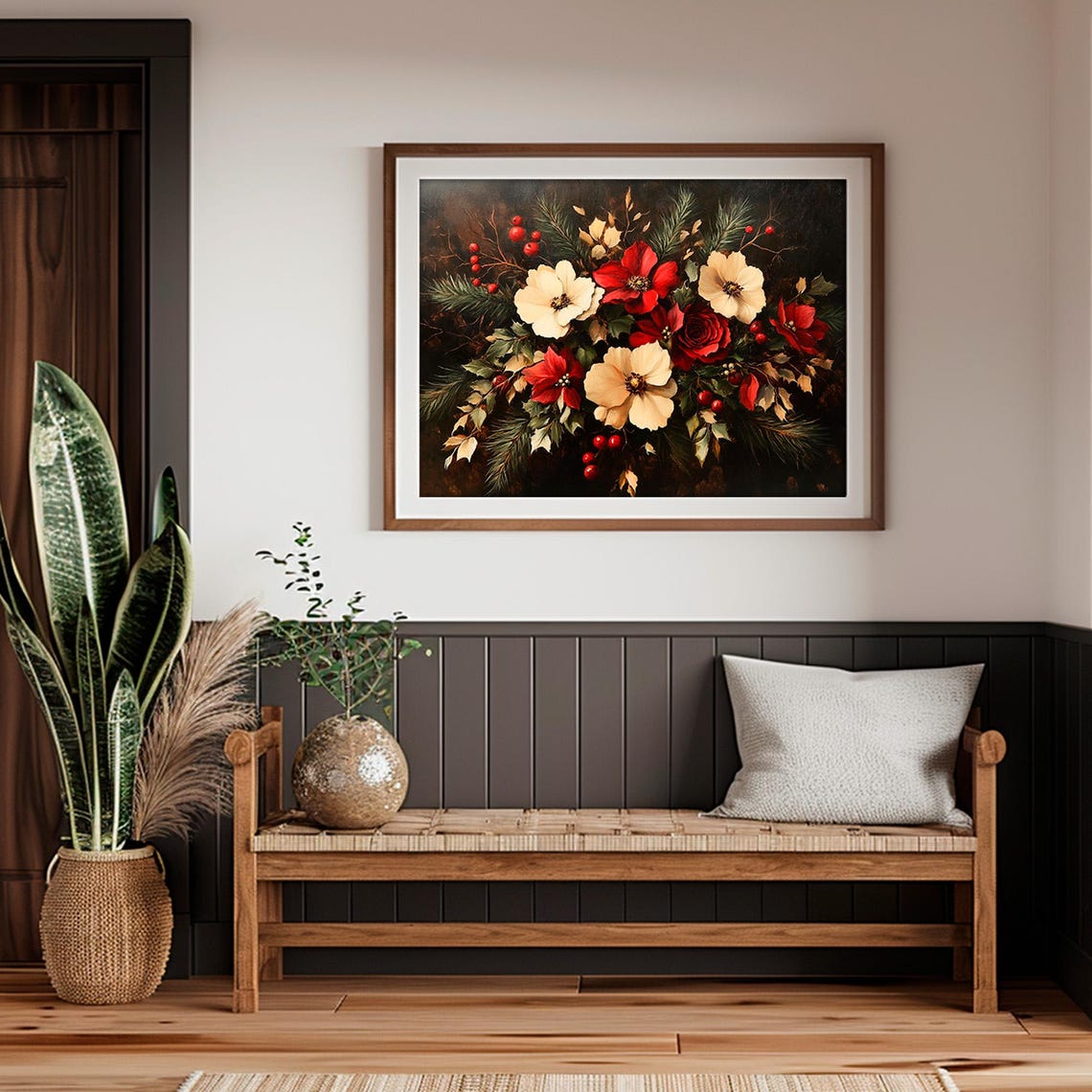 Christmas Red White Floral Bouquet Pine Berries Painting Poster - Image 2