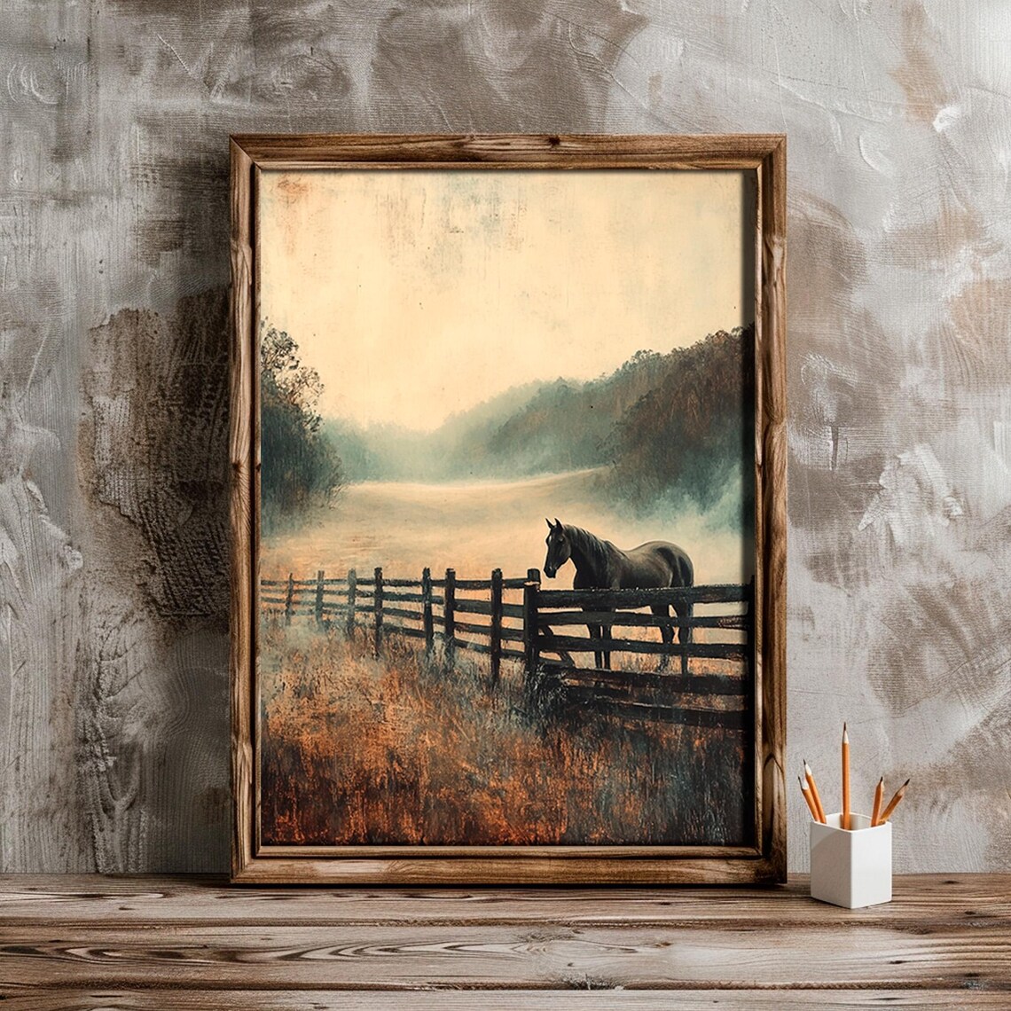 Black Horse Vintage Foggy Landscape Art Print - Image 4