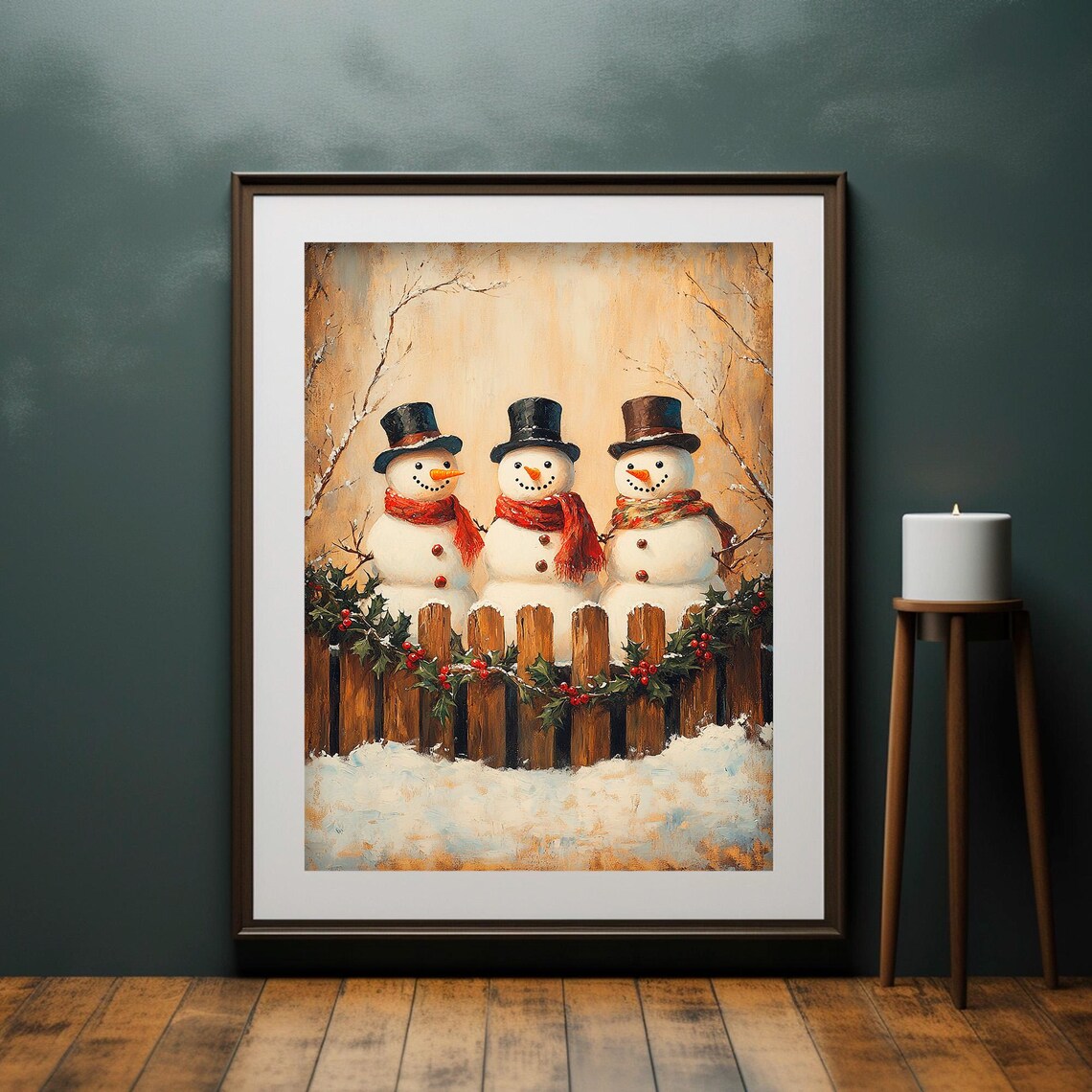 Three Snowmen Fence Holly Top Hats Red Scarves Winter Poster - Image 4
