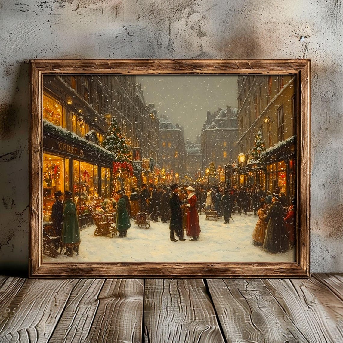 Victorian Holiday Street Glowing Shops Snowy Evening Scene Poster - Image 5