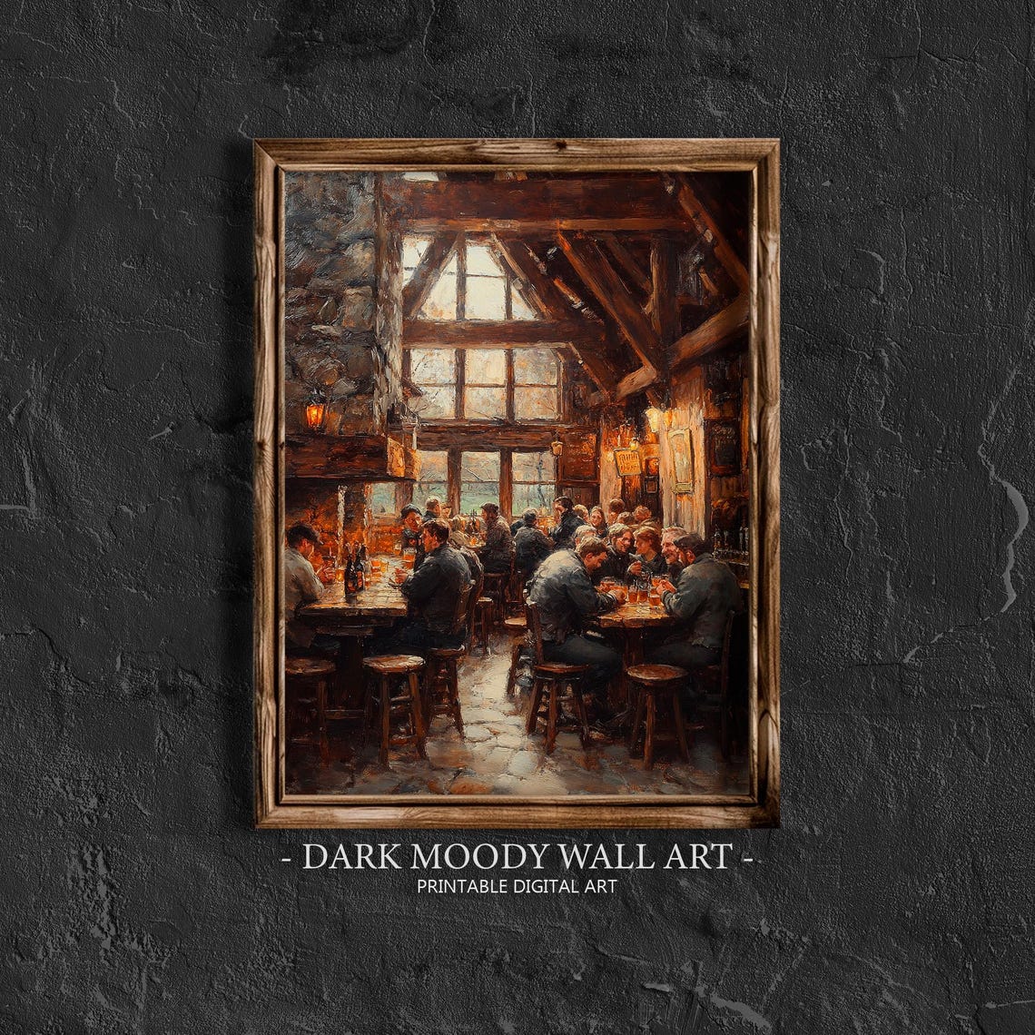 Rustic Tavern Interior With Patrons by Stone Fireplace Wall Art