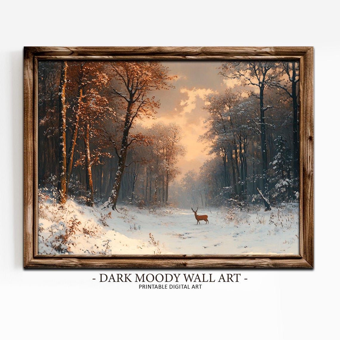 Lone Deer In Snowy Forest Clearing At Golden Dusk Winter Wall Art