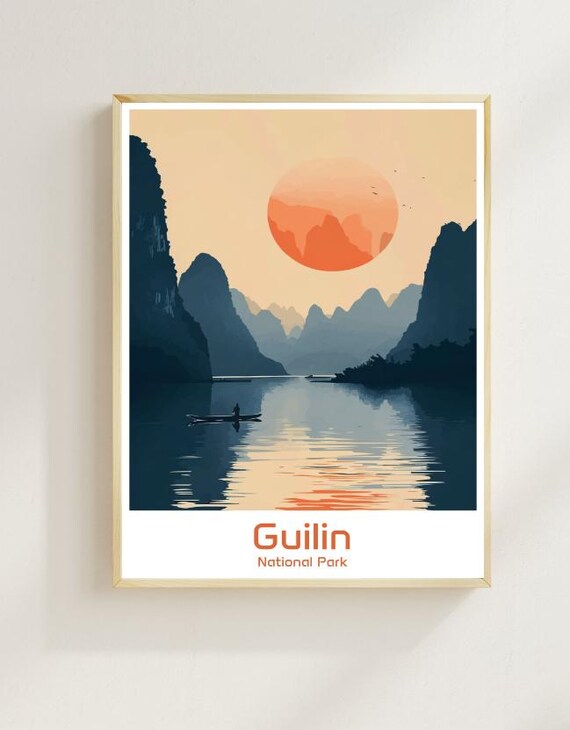 Guilin National Park Sunset River Karst Mountain Travel Poster