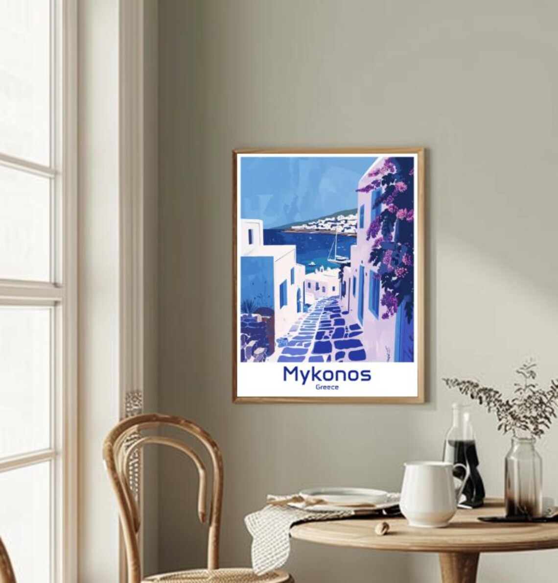 Mykonos Greece Whitewashed Alley Bougainvillea Aegean Sea View Poster - Image 2