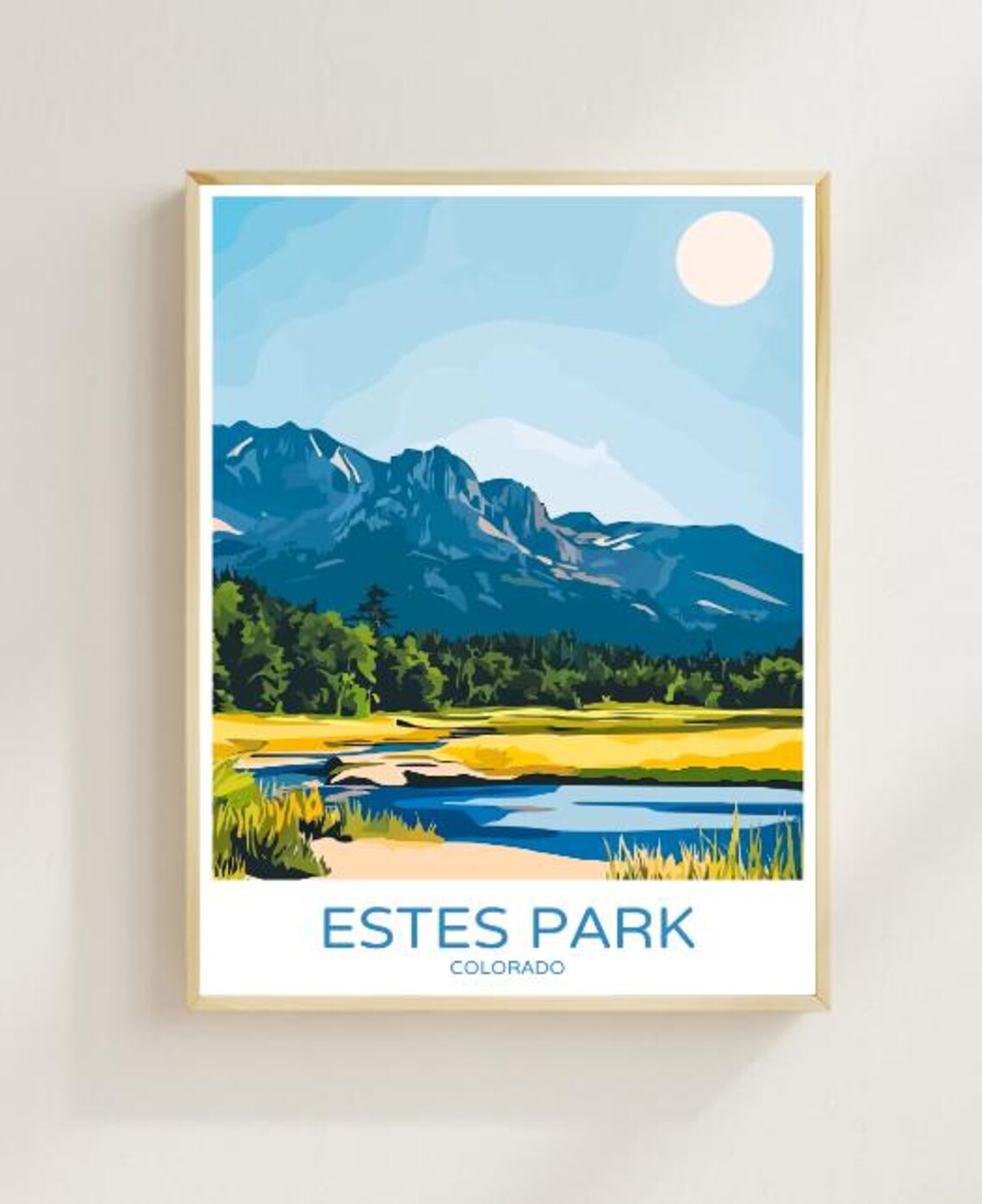 Estes Park Colorado Travel Poster Rocky Mountain Lake and Meadow View