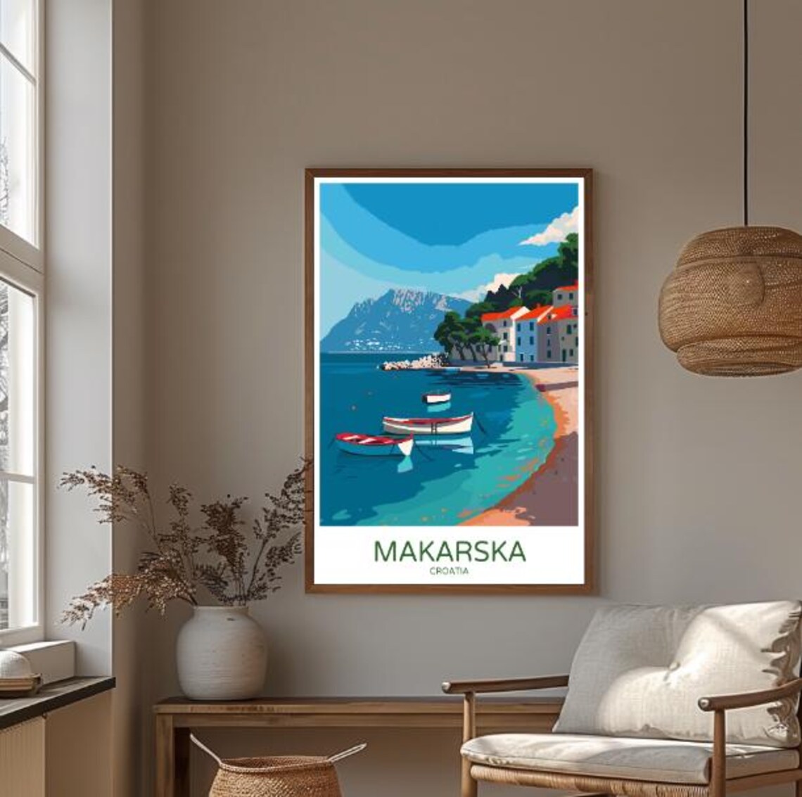 Makarska Croatia Travel Poster Beach Boats Mountain Scene Art - Image 3