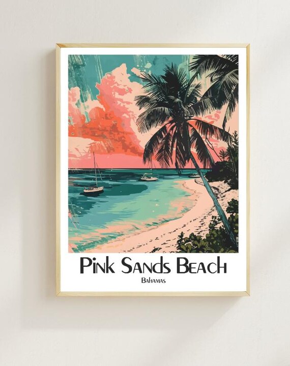 Pink Sands Beach Bahamas Tropical Palm Sunset Travel Art Poster