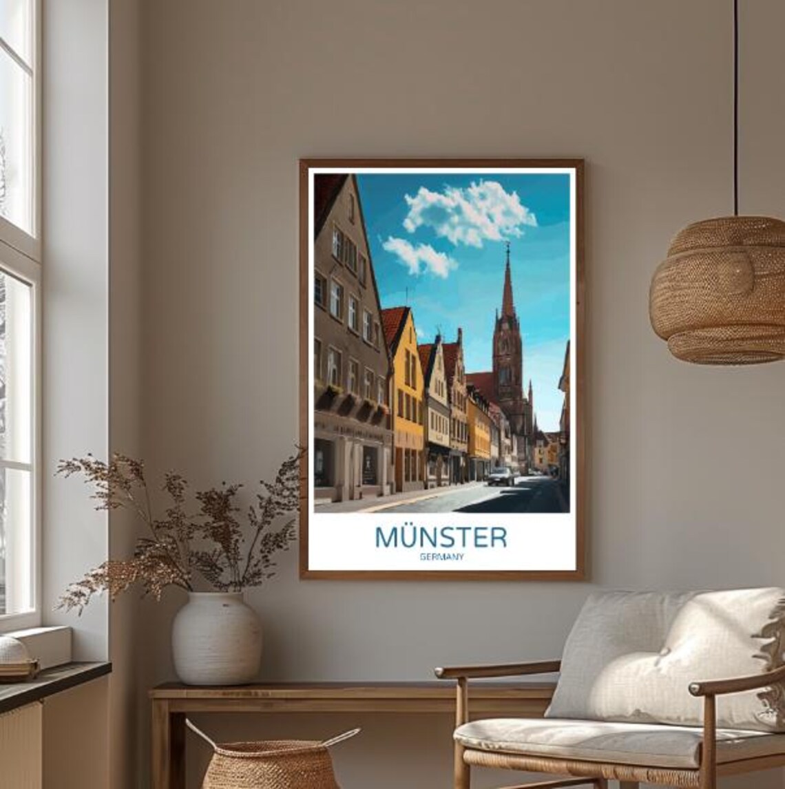 Munster Germany Travel Poster Historic Old Town Street Church View Decor - Image 3