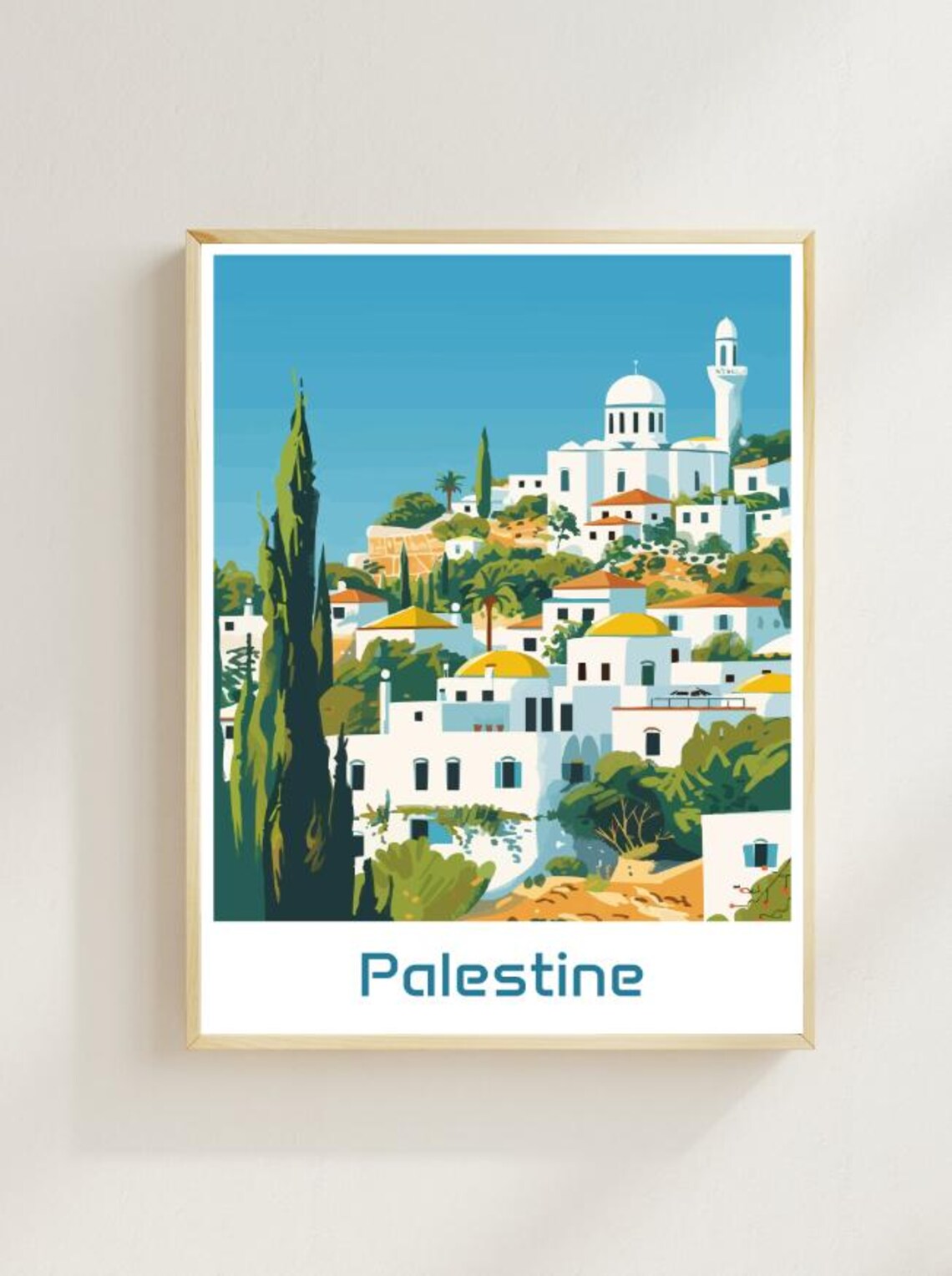 Palestine Historic Hilltop Town Domes Minaret Vintage Travel Poster