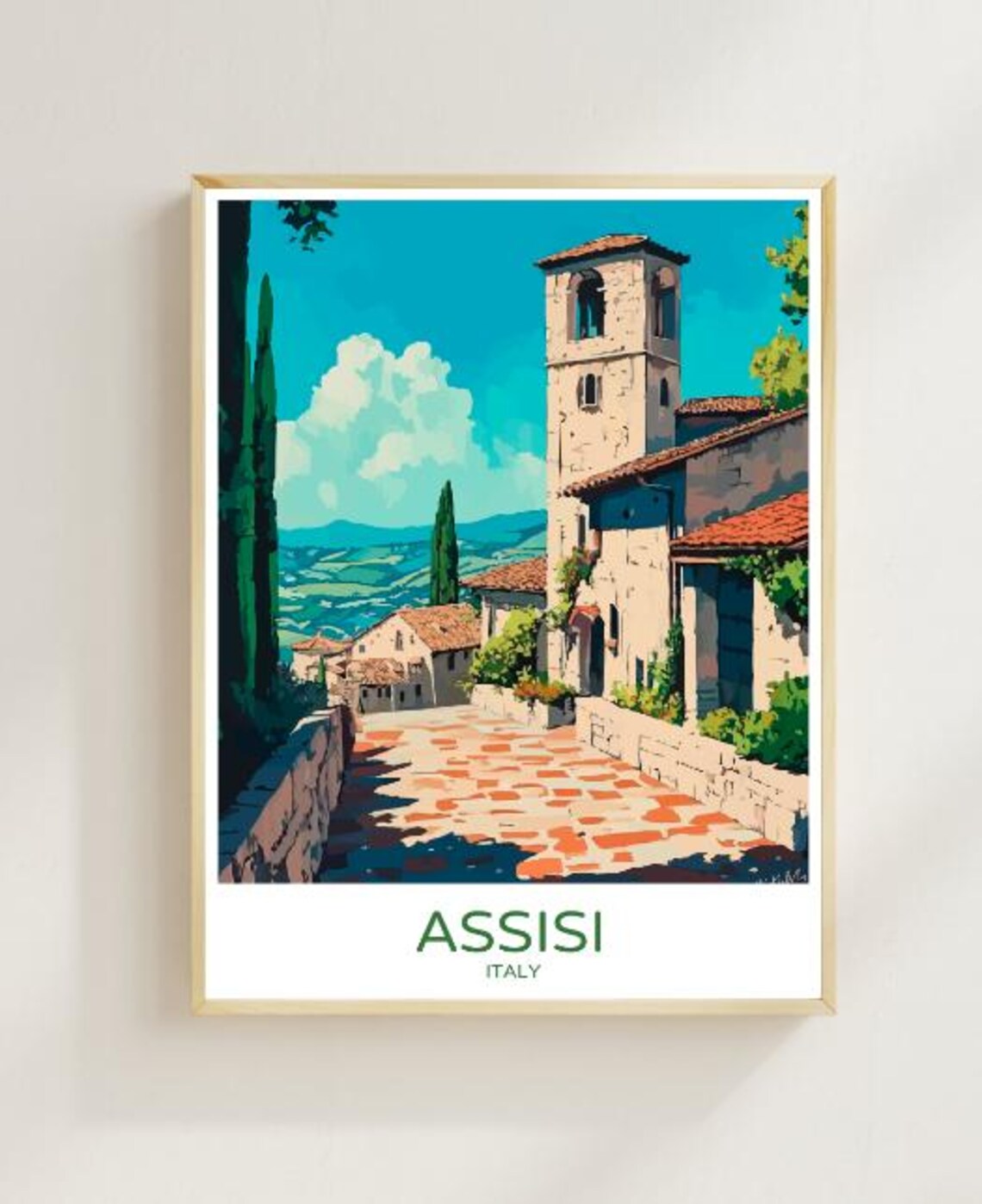 Assisi Italy Medieval Stone Street Bell Tower Hill Town Poster