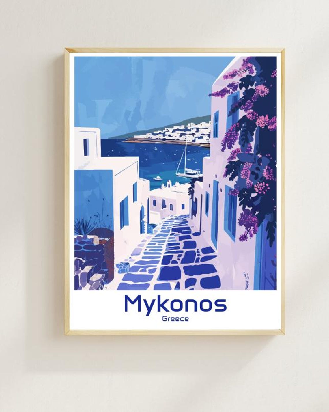 Mykonos Greece Whitewashed Alley Bougainvillea Aegean Sea View Poster