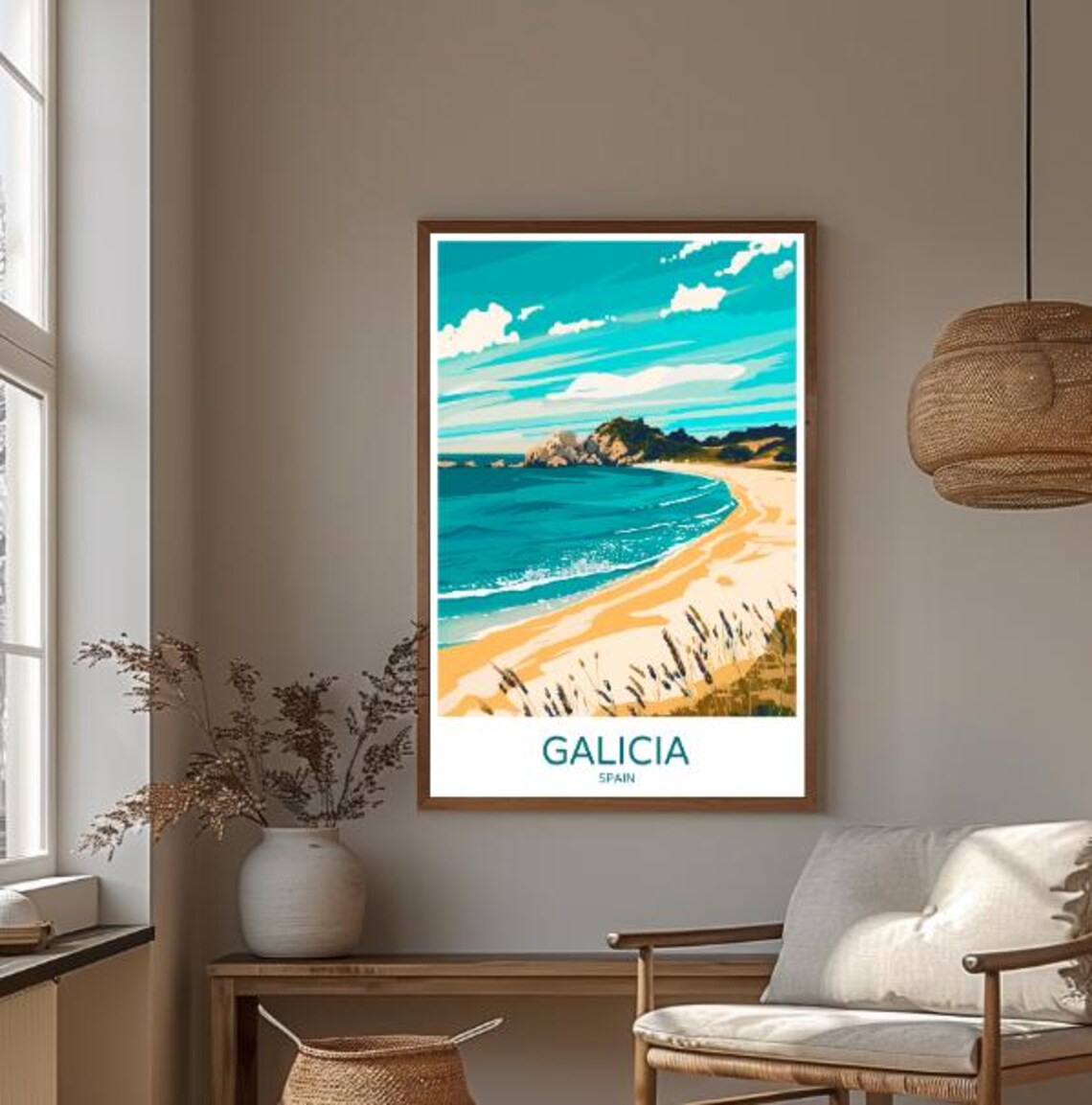 Galicia Spain Wild Sandy Beach Rocky Coast Turquoise Bay Poster - Image 3