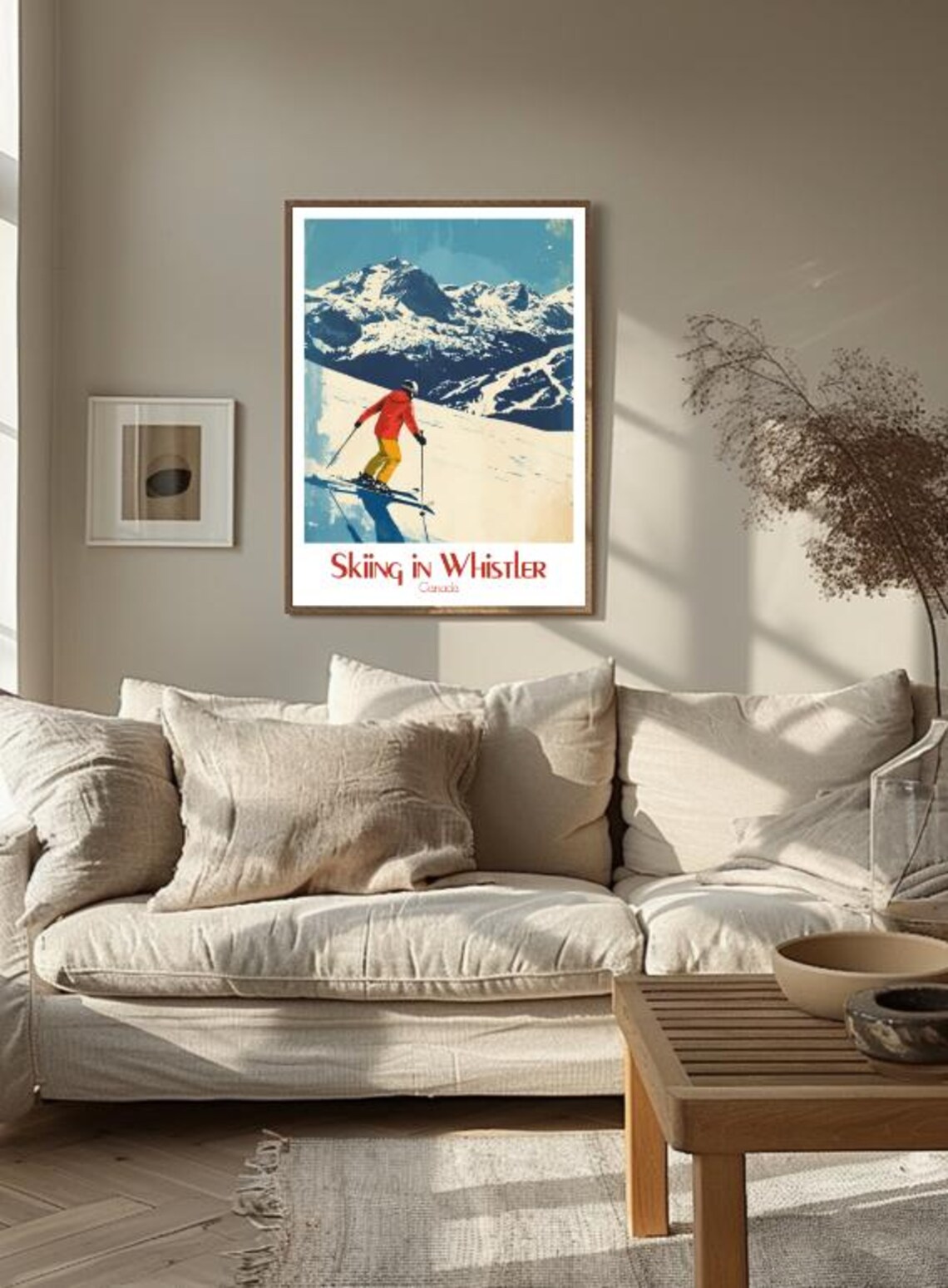 Skiing in Whistler Retro Skier on a Sunny Snowy Slope Poster - Image 3