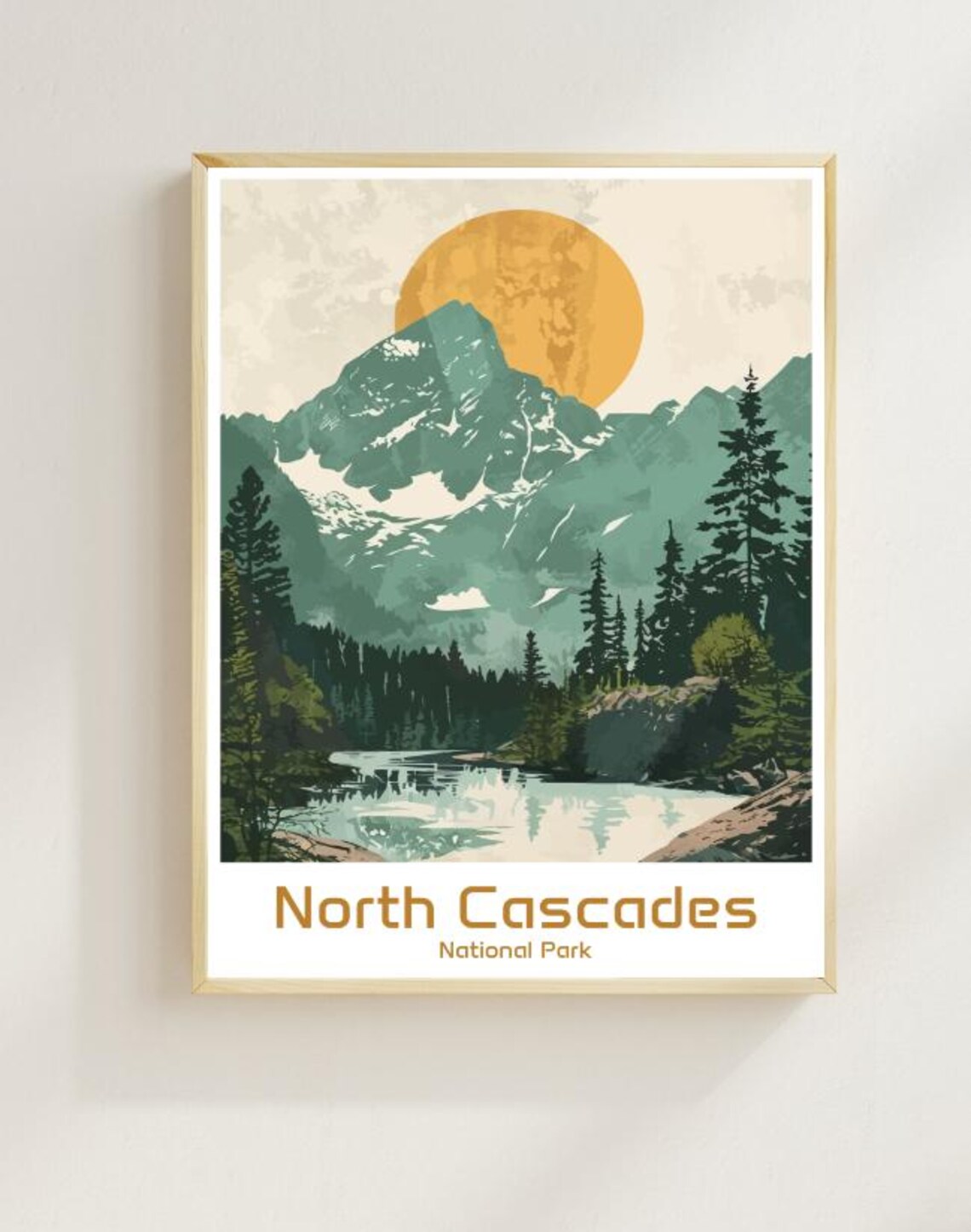 North Cascades National Park Mountain Lake Sunset Travel Poster