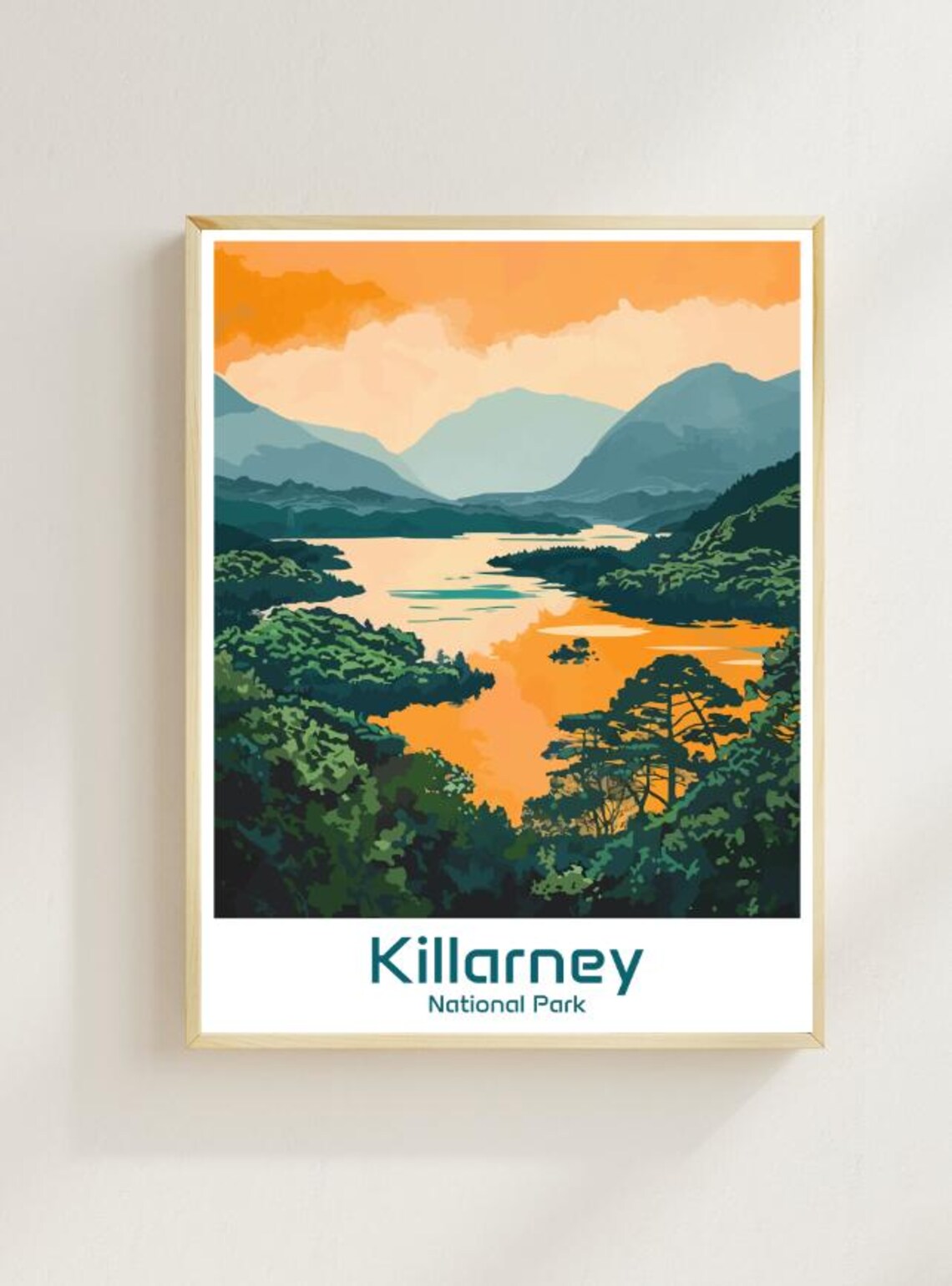 Killarney National Park Ireland Lake Sunset Illustrated Travel Poster