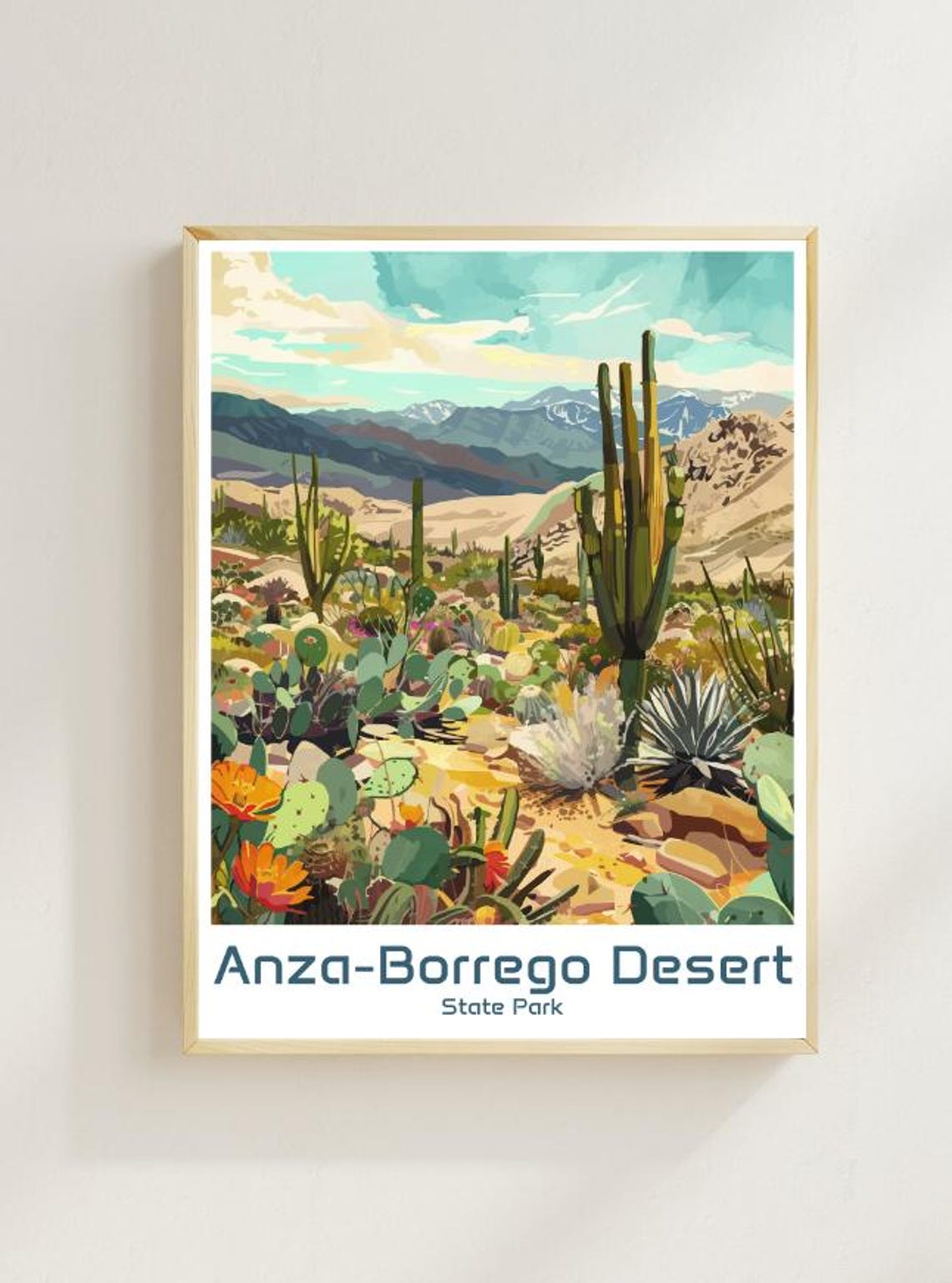 Anza Borrego Desert State Park Travel Poster Cactus Wildflower Scene Art