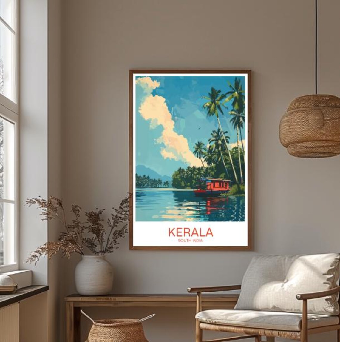 Kerala South India Travel Poster Backwaters Palm Houseboat Art - Image 3